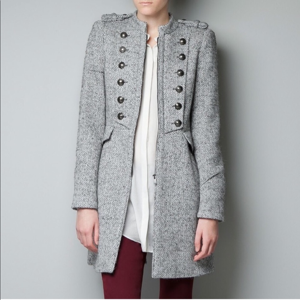 Zara military button up heather grey wool pea coat. Size M but runs small.